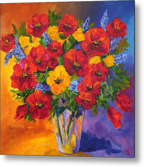 Red Flowers Purple Vase Metal Print featuring the painting Mothers Spring Flowers by Mary Jo Zorad
