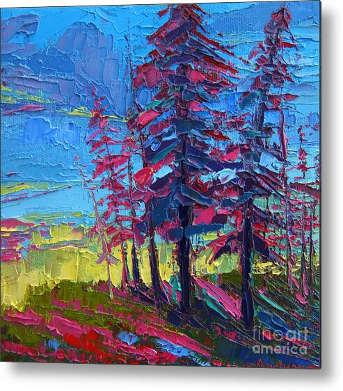 Colorful Metal Print featuring the painting Mountain Pine Trees over a Sunset Modern Impressionistic palette knife oil painting by Patricia Awapara