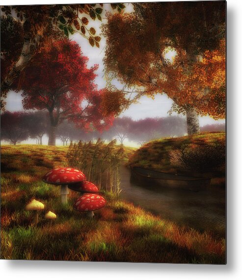 Autumn Metal Print featuring the painting Mushrooms and river by Jan Keteleer