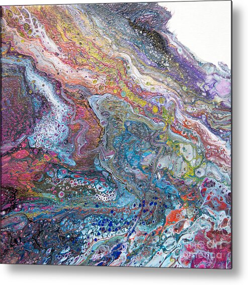 Fluid Art Acrylics Soft Glowing Colorful Gracefull Patterns Shades Of Blue And A Rainbow Metal Print featuring the painting My Pet Purple dragon Peeking by Priscilla Batzell Expressionist Art Studio Gallery