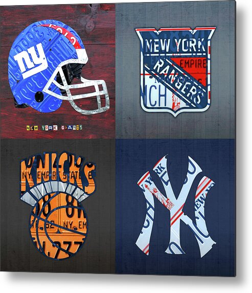New York Metal Print featuring the mixed media New York Sports Team License Plate Art Giants Rangers Knicks Yankees by Design Turnpike
