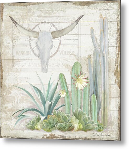 Longhorn Cow Skull Metal Print featuring the painting Old West Cactus Garden w Longhorn Cow Skull n Succulents over Wood by Audrey Jeanne Roberts