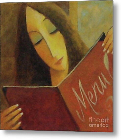 Woman Reading Menu Metal Print featuring the painting On The Menu by Glenn Quist