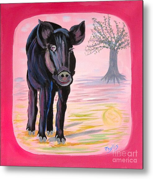 Little Black Metal Print featuring the painting Orphaned tiny Pig Adopted By Black Calf Story by Phyllis Kaltenbach