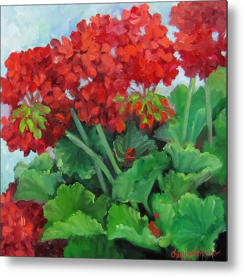 Geraniums Metal Print featuring the painting Painting of Red Geraniums by Cheri Wollenberg