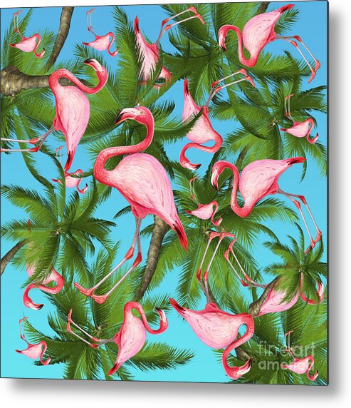  Summer Metal Print featuring the digital art Palm tree and flamingos by Mark Ashkenazi