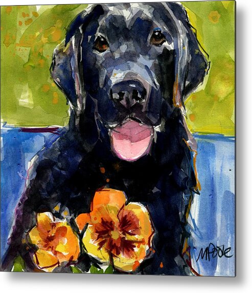 Black Lab Puppy Metal Print featuring the painting Pansies by Molly Poole