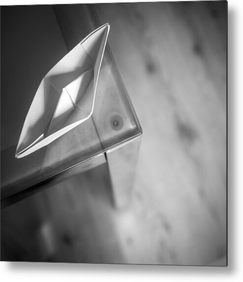 Paperboat Table Corner Monochrome Blackandwhite Metal Print featuring the photograph Paper Boat Corner by Janine Pauke