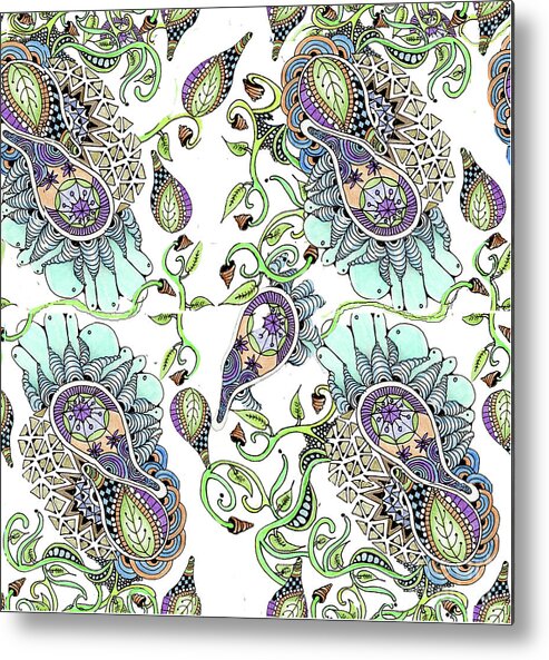Fabric Patterns Pen And Ink Leaves Zentangles Doodles Purple And Blue Metal Print featuring the tapestry - textile Parameecee by Ruth Dailey