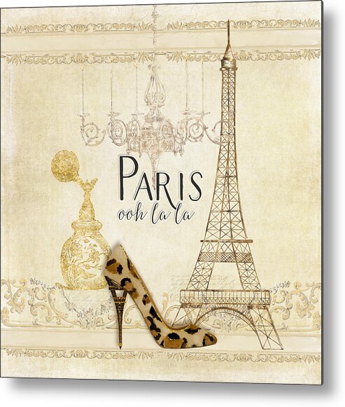 Fashion Metal Print featuring the painting Paris - Ooh la la Fashion Eiffel Tower Chandelier Perfume Bottle by Audrey Jeanne Roberts