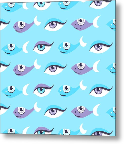 Fish Metal Print featuring the digital art Pattern of blue eyes and fish in sea by Boriana Giormova