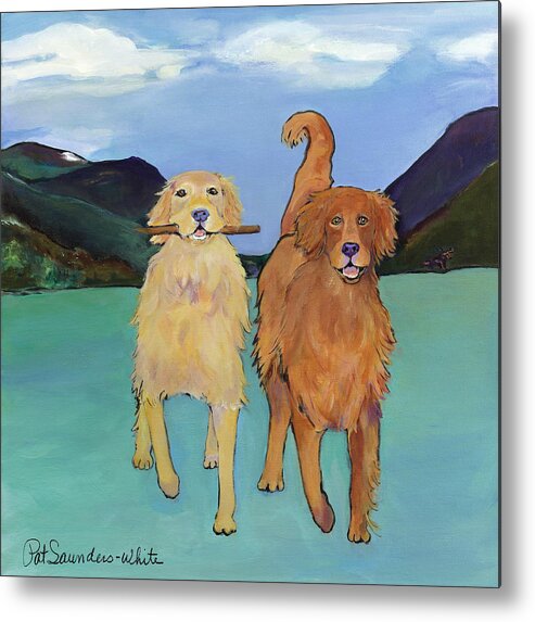 Golden Retrievers Metal Print featuring the painting Pick-Up Sticks by Pat Saunders-White