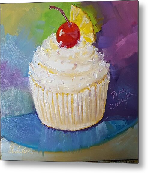 Pina Colada Cupcake Metal Print featuring the painting Pina Colada cupcake by Judy Fischer Walton