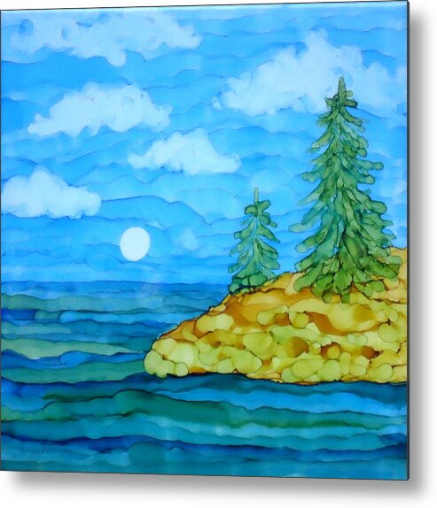 Pine Trees Metal Print featuring the painting Pine Tree Moon and Water Painting by Laurie Anderson