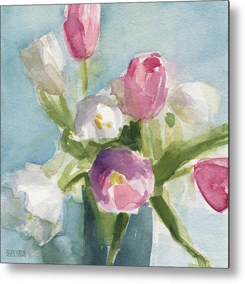 Floral Metal Print featuring the painting Pink and White Tulips by Beverly Brown Prints