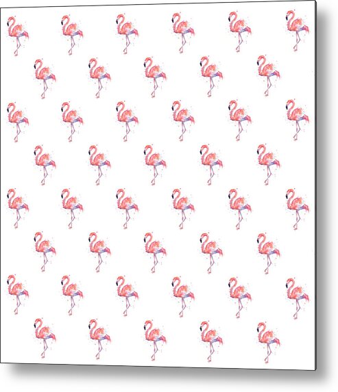 Pink Metal Print featuring the painting Pink Flamingo Watercolor Pattern by Olga Shvartsur
