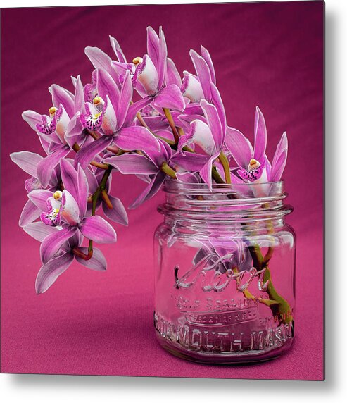 Pink Orchid Metal Print featuring the photograph Pink Orchid Antique Mason Jar by Kathy Anselmo