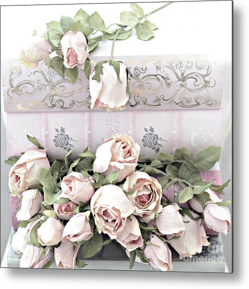 Pink Roses Photography Metal Print featuring the photograph Pink Shabby Chic Roses On Pink Cottage Books - Shabby Cottage Pink Roses Home Decor by Kathy Fornal