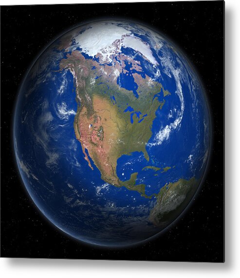 Square Metal Print featuring the digital art Planet Earth From Space, North America Prominent by Saul Gravy