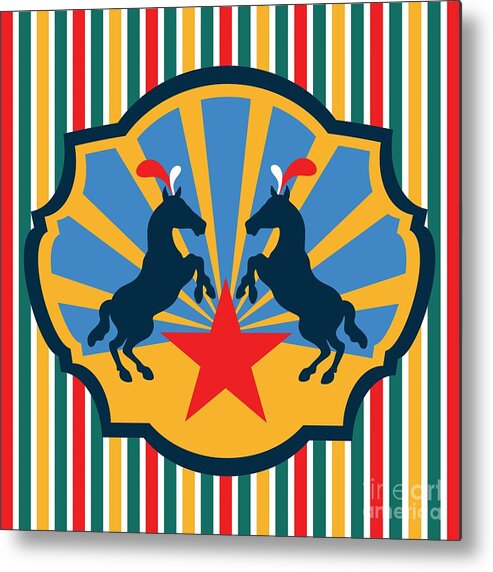 Animal Graphic Metal Print featuring the digital art Plumed Circus Ponies Red Star on Gold by MM Anderson