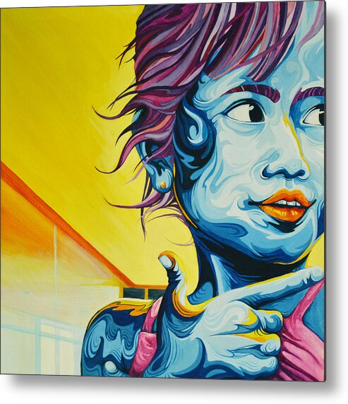 Child Girl Street Innocence Blue Thumb Index Finger Lips Orange Innocence Face Look Away Eyes Hairstrands Mc Donalds Yellow Metal Print featuring the painting Pogi by Aziza Daksla