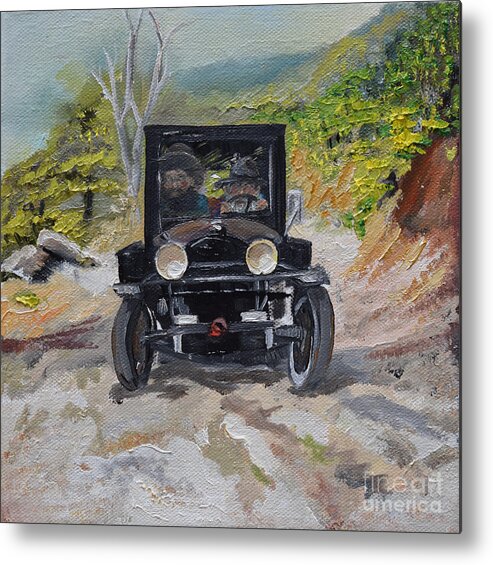 Popcorn's Model T Ford Metal Print featuring the painting Popcorn Sutton - Looking for Likker by Jan Dappen