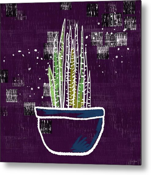 Purple Metal Print featuring the mixed media Potted Snake Plant- Art by Linda Woods by Linda Woods