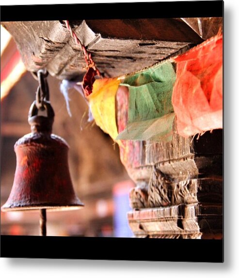 Hkellex13 Metal Print featuring the photograph Prayer Flags And Bell At A Tiny Temple by Lorelle Phoenix