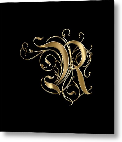 Golden Letter R Metal Print featuring the painting R Golden Ornamental Letter Typography by Georgeta Blanaru