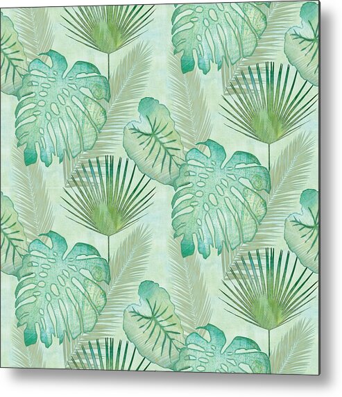 Rain Metal Print featuring the painting Rainforest Tropical - Elephant Ear and Fan Palm Leaves Repeat Pattern by Audrey Jeanne Roberts