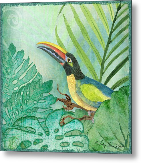 Square Format Metal Print featuring the painting Rainforest Tropical - Jungle Toucan w Philodendron Elephant Ear and Palm Leaves 2 by Audrey Jeanne Roberts