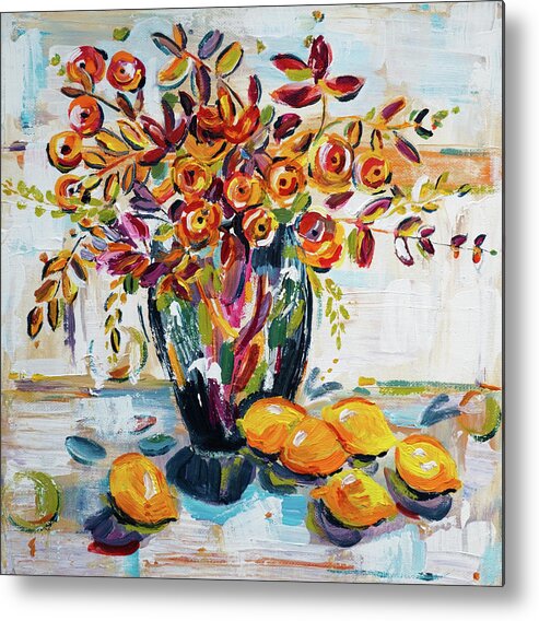 Acrylic Metal Print featuring the painting Ranunculus Bouquet With Lemons by Seeables Visual Arts