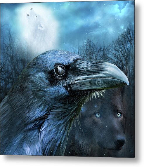 Carol Cavalaris Metal Print featuring the mixed media Raven and Wolf - In The Moonlight by Carol Cavalaris