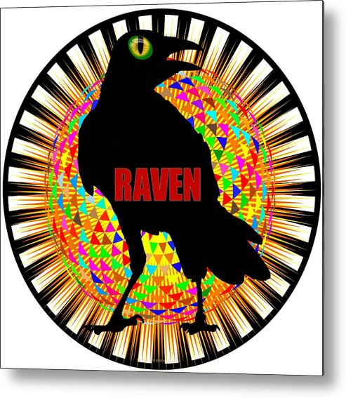 Black Raven Art Metal Print featuring the digital art Raven Spooky Bird Mandala by Peter Ogden