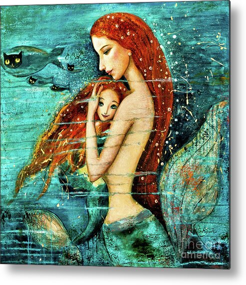 Mermaid Art Metal Print featuring the painting Red Hair Mermaid Mother and Child by Shijun Munns