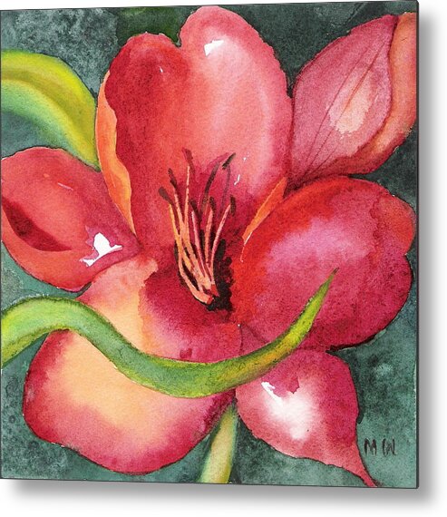 Flower Lily Red Green Garden Floral Watercolor Painting Metal Print featuring the painting Red Lily by Marsha Woods