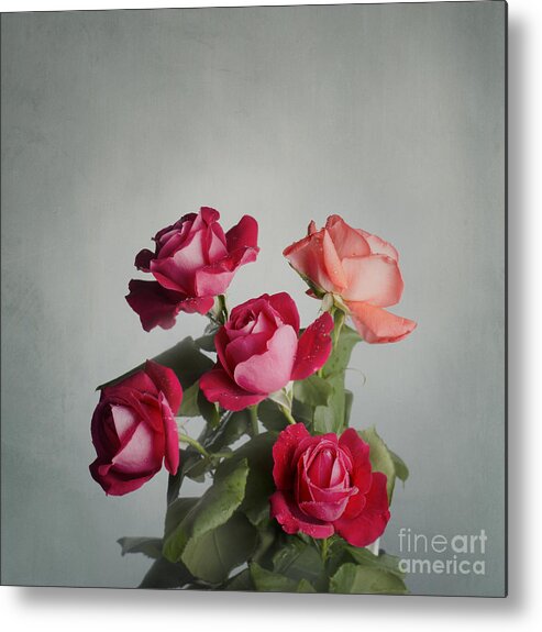 Roses Metal Print featuring the photograph Red Roses on vintage blue background by Jelena Jovanovic