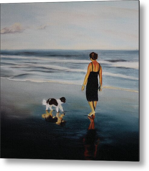 Ocean; Sunrise; Dog; Sand; Serenity; Contemplation; Companionship; Friendship; Water Metal Print featuring the painting Reflections by Marg Wolf