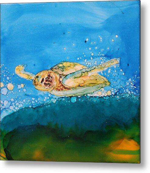 Turtle Metal Print featuring the painting Ridin' The Wave by Ruth Kamenev