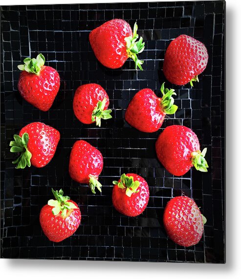 Strawberry Metal Print featuring the photograph Ripe strawberries on back plate by GoodMood Art