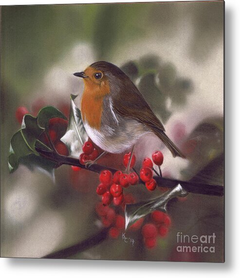 Robin Metal Print featuring the pastel Robin and Berries by Karie-ann Cooper