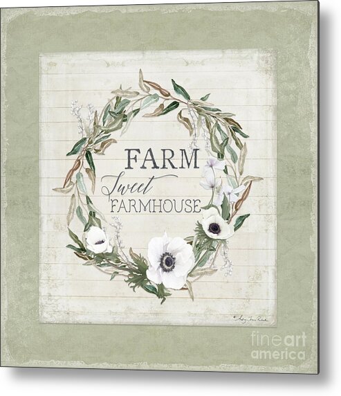  Metal Print featuring the painting Rustic Farm Sweet Farmhouse Shiplap Wood Boho Eucalyptus Wreath N Anemone Floral by Audrey Jeanne Roberts