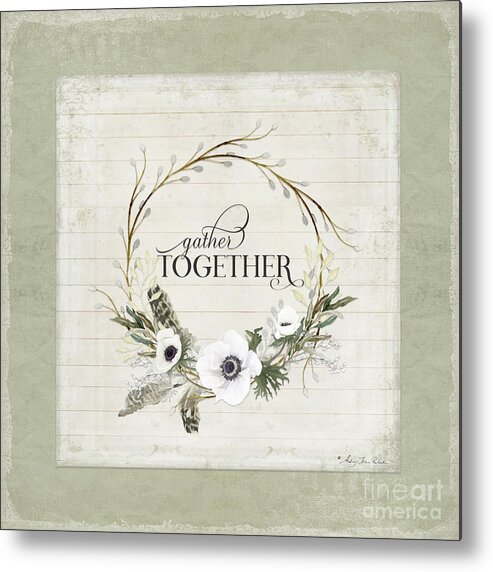 Gather Together Metal Print featuring the painting Rustic Farmhouse Gather Together Shiplap Wood Boho Feathers n Anemone Floral by Audrey Jeanne Roberts
