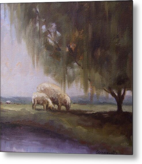 Sheep Metal Print featuring the painting Safe Pasture by Ruth Stromswold