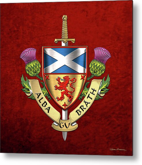 “world Heraldry” Collection Serge Averbukh Metal Print featuring the digital art Scotland Forever - Alba Gu Brath - Symbols of Scotland over Red Velvet by Serge Averbukh