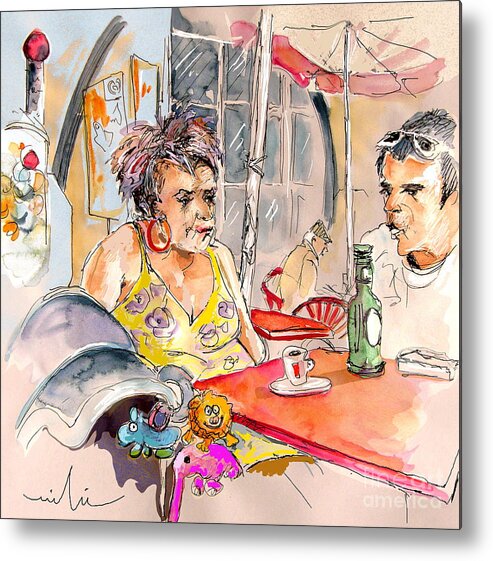 Water Colour Aquarelle Drawings Caricatures From People In Serpa Portugal By Miki Metal Print featuring the painting Serpa Portugal 34 by Miki De Goodaboom