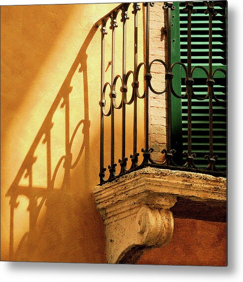 Tuscany Metal Print featuring the photograph Shadows and Green Shutter by Vicki Hone Smith