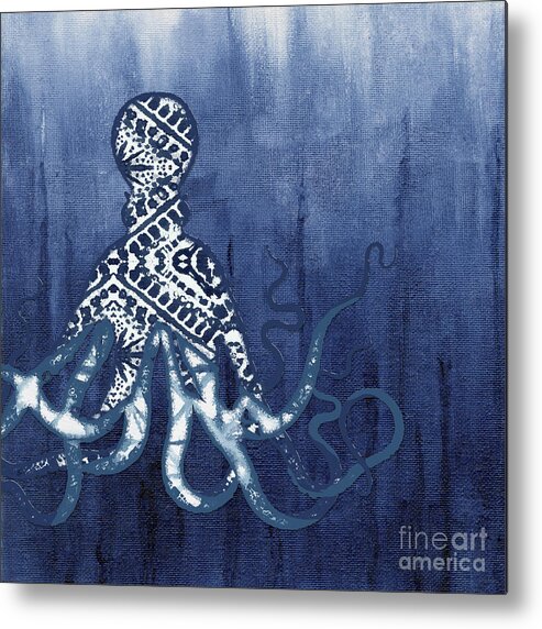 Octopus Metal Print featuring the painting Shibori Blue 2 - Patterned Octopus over Indigo Ombre Wash by Audrey Jeanne Roberts