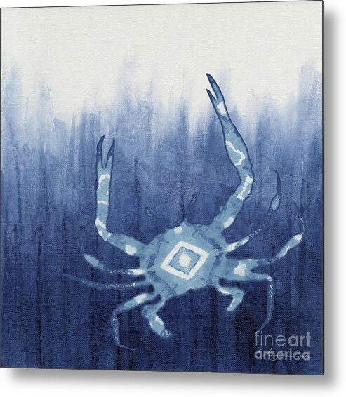 Blue Crab Metal Print featuring the painting Shibori Blue 4 - Patterned Blue Crab over Indigo Ombre Wash by Audrey Jeanne Roberts