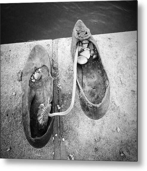 Shoes Metal Print featuring the photograph Shoes memorial Budapest black and white by Matthias Hauser